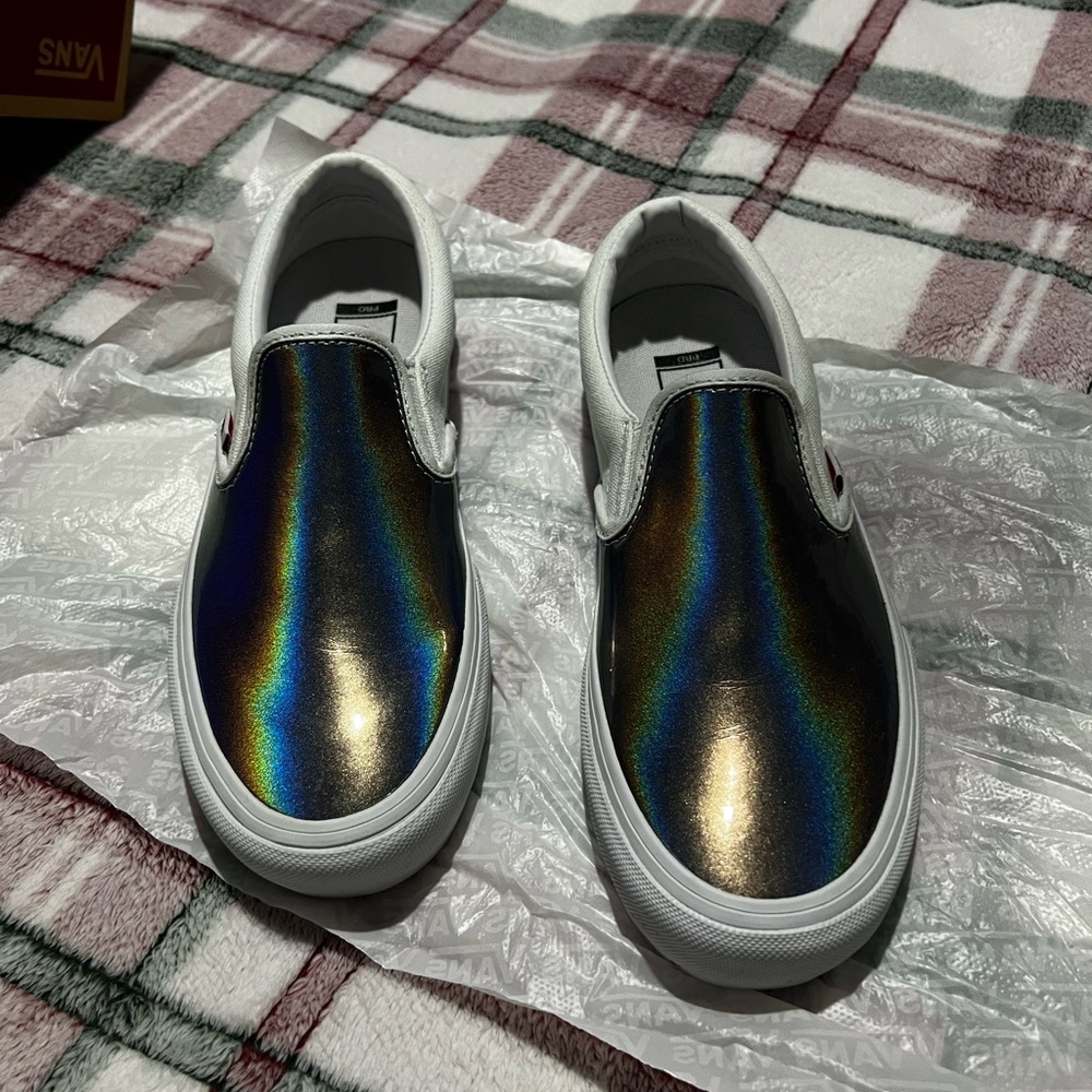 Vans Womens Holographic Slip-On Sneakers - Rainbow and White